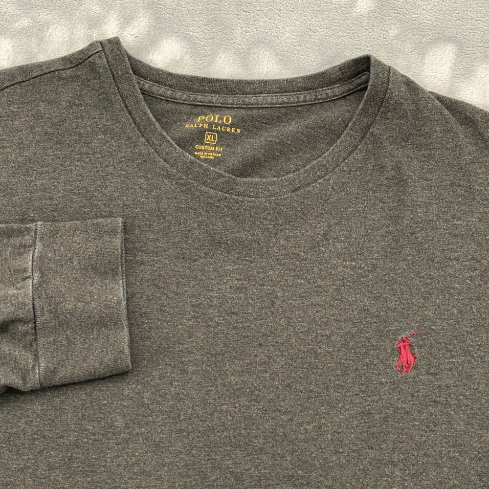 Polo Ralph Lauren Mens XL Custom Fit Long Sleeve T-Shirt Charcoal Grey Red Pony